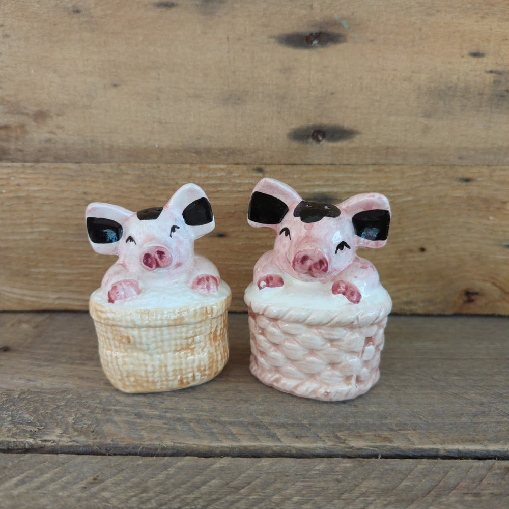 Vintage Ceramic Pink Pigs in a Basket Salt and Pepper Shakers